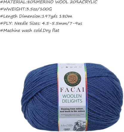 Facai Blend Merino Wool Yarn for Knitting - Worsted Weight,197yds (3.5oz) Ball, Ideal for Sweaters, Scarves, and Accessories (3, Dark Blue)