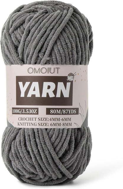 Dark Grey Fluffy Chenille Yarn for Crocheting - Baby Yarn for Crocheting Soft Blanket - (100g/87.4yds) Crochet Amigurumi Chunky Yarns - Super Bulky 5 Velvet Yarns