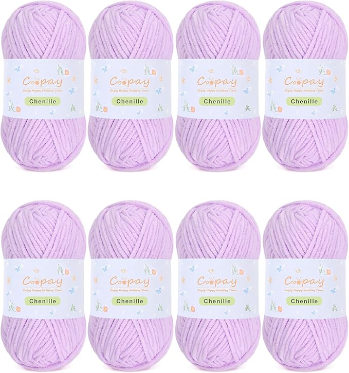 Coopay Chenille Yarn for Crocheting/Knitting, 8 Pack Medium Worsted Weight Yarn of 50g/1.76oz - Total 520yd, Soft Velvet Crochet Yarns for Plush Toys, Baby Blankets, Scarves (Purple)