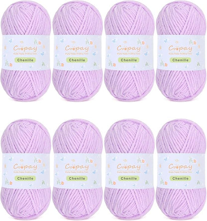 Coopay Chenille Yarn for Crocheting/Knitting, 8 Pack Medium Worsted Weight Yarn of 50g/1.76oz - Total 520yd, Soft Velvet Crochet Yarns for Plush Toys, Baby Blankets, Scarves (Purple)