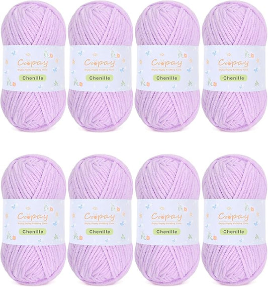Coopay Chenille Yarn for Crocheting/Knitting, 8 Pack Medium Worsted Weight Yarn of 50g/1.76oz - Total 520yd, Soft Velvet Crochet Yarns for Plush Toys, Baby Blankets, Scarves (Purple)