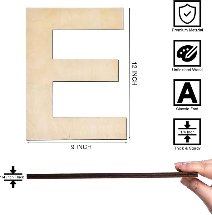 12 Inch Wooden Letter E, 1/4 Inch Thick Large Unfinished Wood Letter for Home Wall Decor, DIY Crafts