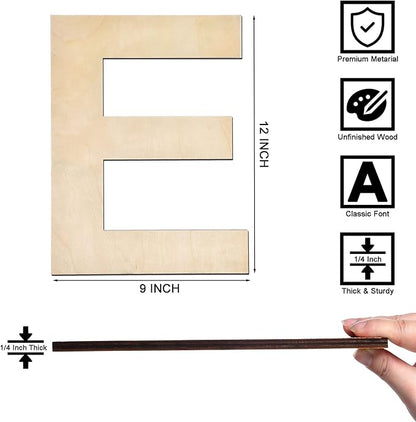 12 Inch Wooden Letter E, 1/4 Inch Thick Large Unfinished Wood Letter for Home Wall Decor, DIY Crafts