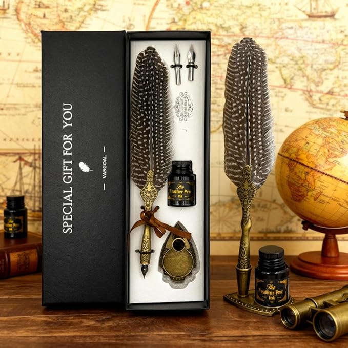 VANGOAL Vintage Feather Pen and Ink Set, Classic Series Pheasant Quill Pen with Carving Pen Stand, Calligraphy Pen Nibs, Black Dip Pen Ink, Antique Writing Gift for Writer