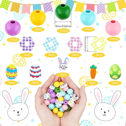 200 Pieces Easter Wood Beads for Craft Colorful Round Craft Bead Rabbits Egg Wood Bead for Spring Garland DIY Easter Holiday Family DIY Crafts Supplies Party Decors, Multiple Style (Cute Style)