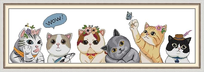 Qeerysew Cross Stitch Kits Stamped Full Range of Embroidery Starter Kits for Beginners DIY- Printed kit Six Cats(Printed) 14CT40.6x13.8inches