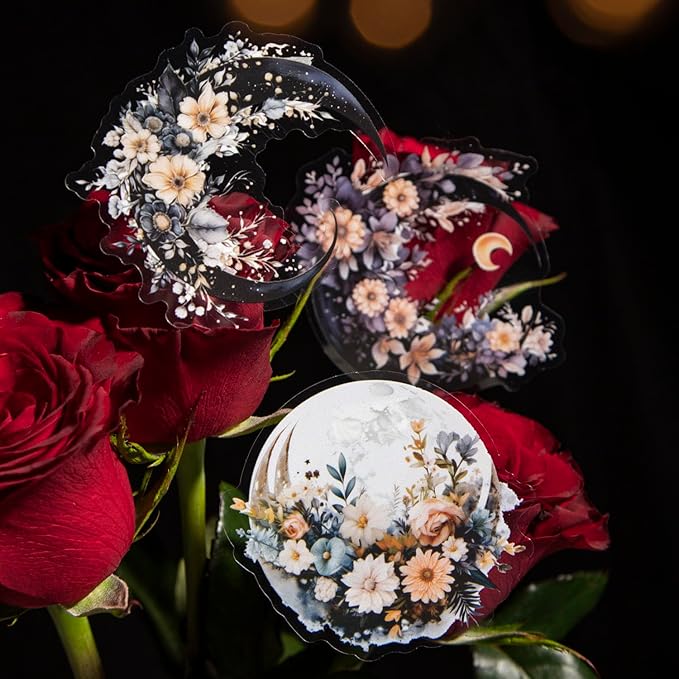 MiyouLuna 120Pcs Moon Floral PET Stickers, Scrapbook Stickers Kit for Journaling, Ephemera Packs for Junk Journals