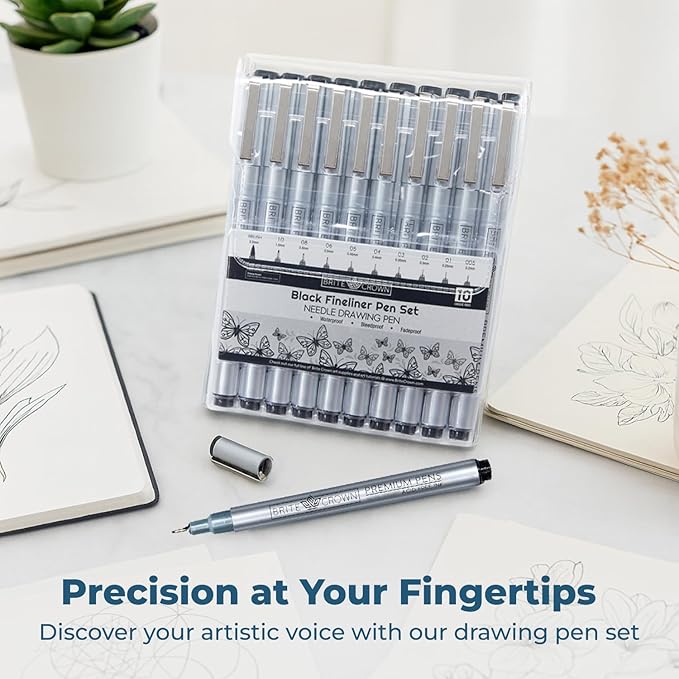Brite Crown Drawing and Sketching Pens Set - 10 Black Fineliner Pens 0.2mm to 1.0mm Width Tips & 2.5mm Micro Calligraphy Brush-tip Pen, Ideal Gift Idea for Artists and Beginners