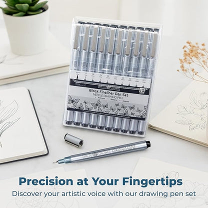 Brite Crown Drawing and Sketching Pens Set - 10 Black Fineliner Pens 0.2mm to 1.0mm Width Tips & 2.5mm Micro Calligraphy Brush-tip Pen, Ideal Gift Idea for Artists and Beginners