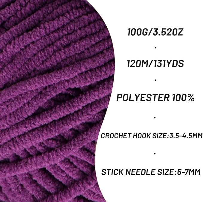 3 Pack Plush Chunky Chenille Yarn for Crocheting, Soft Fluffy Velvet Yarn for Crocheting, Fuzzy Baby Blanket Knitting Yarn, 300g/393yds Bulky Amigurumi Yarns（3 Dark Purple）