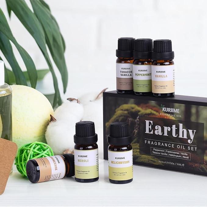 KURJIME Essential Oil Set, Earthy Scents Fragrance Oil Essential Oils for Diffuser Oil Scents | Peppermint, Frankincense, Vanilla, Helichrysum, Neroli, Tobacco Vanilla Scented Oils, 6x10ml
