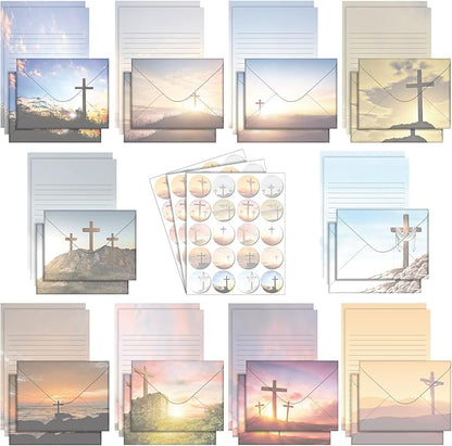 TaoBary 160 Pcs Stationery Paper Set 50 Double Sided Stationery Papers with 50 Matching Envelopes and 60 Round Dot Sticker, 10 Design(Religious Letter with Cross,5.5 x 8.25 Inch)