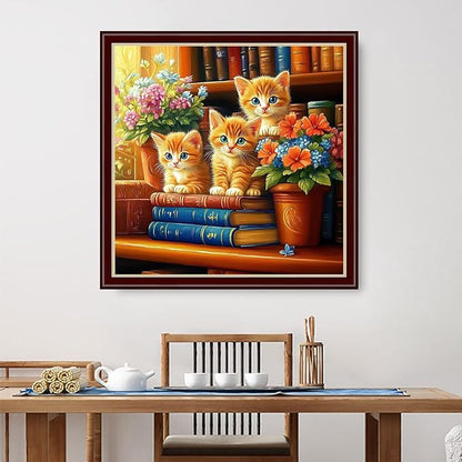 Dimensean Stamped Cross Stitch Kits Full Range of Embroidery Patterns Starter Kits for Beginners Adult DIY Cross Stitches Needlepoint Kits 11CT-Cat Flowers on The Table 18x18 inch