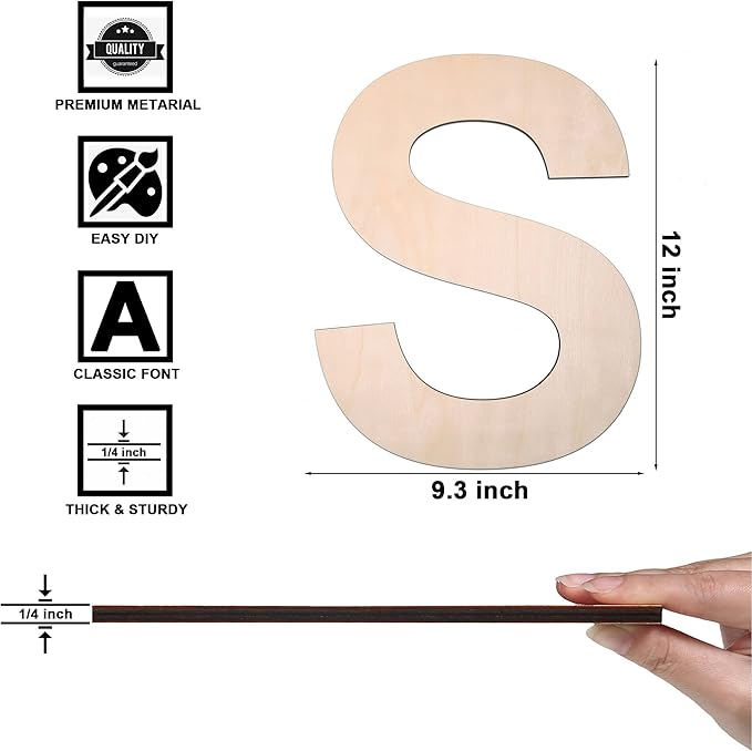 12 Inch Wooden Letter S, 1/4 Inch Thick Large Unfinished Wood Letter for DIY Crafts Home Wall Decor