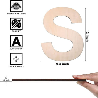 12 Inch Wooden Letter S, 1/4 Inch Thick Large Unfinished Wood Letter for DIY Crafts Home Wall Decor
