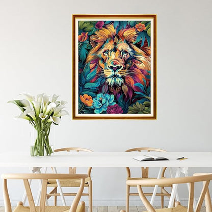Joycasa Stamped Cross Stitch Kits for Beginners Full Range of Cross Stitching 11 CT Printed Cross Stitch Kit for Adults Cross-Stitch Patterns Needlepoint Kits-Lion in The Flowers 16x20 inch