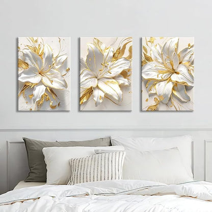 WENGTIAO 3Pcs Elegant White Lily Flowers Canvas Wall Art Boho White Floral Gold Edges Prints Pictures Paintings Beige Blossom Artwork for Living Room Bedroom Office Bathroom 20”x28 x3