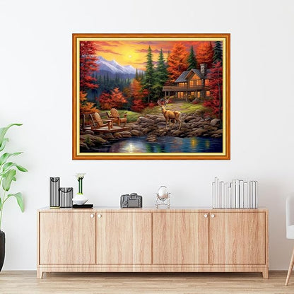 Foxdiviy Stamped Cross Stitch Kits Full Range of Embroidery Needlework Starter Kits for Beginners Adults 11CT Embroidery Patterns Art Crafts DIY Needlepoint Kits-Golden Autumn Scenery 16x20 inch
