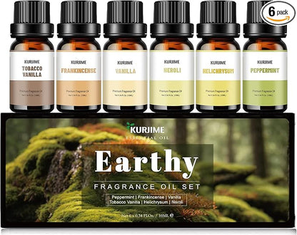 KURJIME Essential Oil Set, Earthy Scents Fragrance Oil Essential Oils for Diffuser Oil Scents | Peppermint, Frankincense, Vanilla, Helichrysum, Neroli, Tobacco Vanilla Scented Oils, 6x10ml