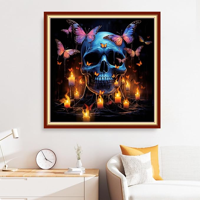 Disxvivy Cross Stitch Stamped Full Embroidery Kits DIY 11CT Cotton Thread Printed DIY Needlepoint Kits Craft Needlework Set Cross-Stitch Stamped Sets-Skeleton Butterfly 18x18 inch