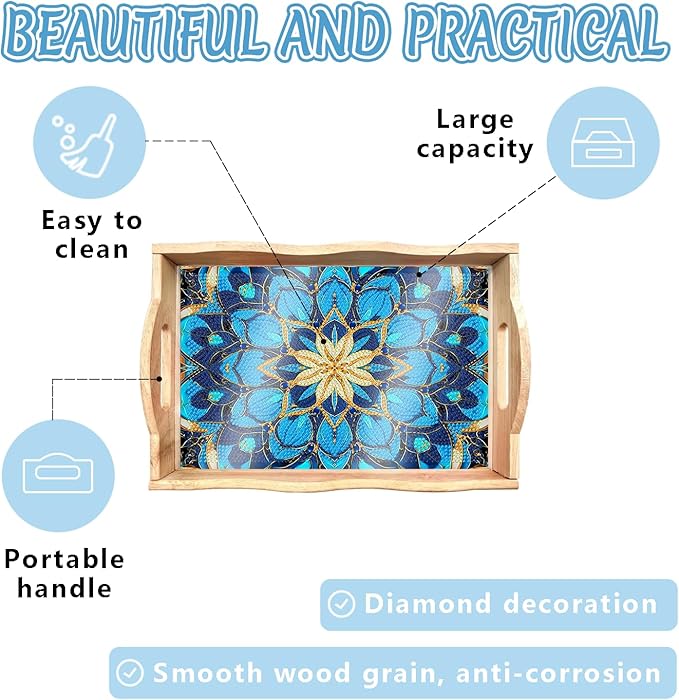 DOTSOPS 5D Diamond Art Wooden Serving Tray with Handle for Adults DIY Diamond Painting Kits for Beginners Full Drill Diamond Dots Gem Arts and Crafts Special Shape 7.8x11.8 Inches Mandala