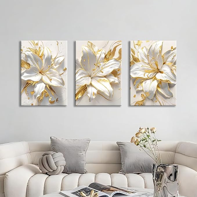 WENGTIAO 3Pcs Elegant White Lily Flowers Canvas Wall Art Boho White Floral Gold Edges Prints Pictures Paintings Beige Blossom Artwork for Living Room Bedroom Office Bathroom 20”x28 x3