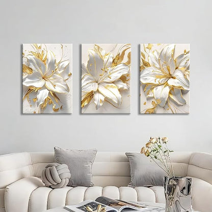 WENGTIAO 3Pcs Elegant White Lily Flowers Canvas Wall Art Boho White Floral Gold Edges Prints Pictures Paintings Beige Blossom Artwork for Living Room Bedroom Office Bathroom 20”x28 x3