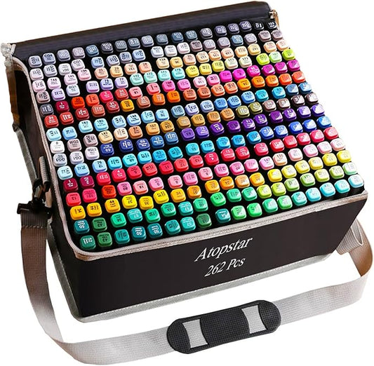 ATOPSTAR 262 Colors Alcohol Markers for Artist Drawing - Dual Tip Art Markers for Adult Coloring Painting Supplies (262 Black Shell)