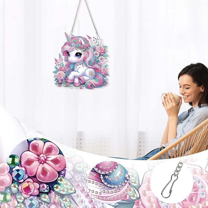 AiYuanzsh Unicorn Diamond Painting Hanging Decoration – 5D DIY Large Diamond Art Kit for Adults, Pink Fantasy Unicorn Resting in Floral Meadow, 24.5 x 25cm Wall Ornament for Room, Gift & Home Decor