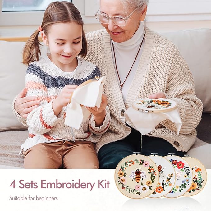 wtisan Embroidery Kit for Adults, 4 Sets Cross Stitch Kits for Adults with Stamped Flower Pattern and Easy Instruction, Embroidery Kits with Embroidery Hoop and Color Threads