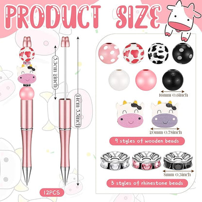 Geyee 12 Set Plastic Beadable Pens Assorted Bead Pens Crystal Wood Round Spacer Set Black Ink DIY Ballpoint for Women Men Gift Office Supplies(Cow Pattern)