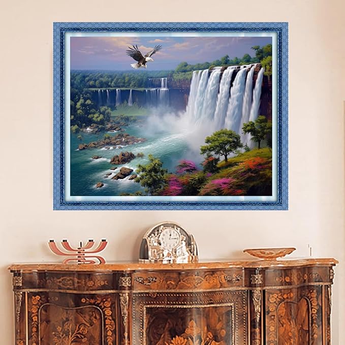 DMCVIVR Stamped Cross Stitch Kits for Beginners Adults Needlepoint Kits for Beginners Embroidery Kits for Adults Crossstitch Kit for Beginners 11CT-Waterfall Eagle 16x20 inch