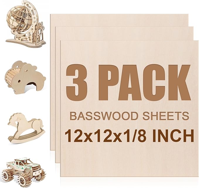 3 Pack Basswood Sheets 1/8"x12"x12", 3mm Basswood for Laser Cutting and Engraving,Thin Plywood Board Unfinished Wood for Crafts, DIY Ornaments and Architectural Model, Wood Burning.
