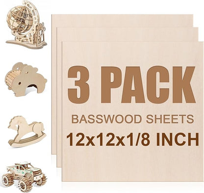 3 Pack Basswood Sheets 1/8"x12"x12", 3mm Basswood for Laser Cutting and Engraving,Thin Plywood Board Unfinished Wood for Crafts, DIY Ornaments and Architectural Model, Wood Burning.