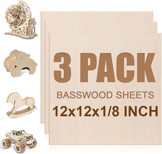 3 Pack Basswood Sheets 1/8"x12"x12", 3mm Basswood for Laser Cutting and Engraving,Thin Plywood Board Unfinished Wood for Crafts, DIY Ornaments and Architectural Model, Wood Burning.