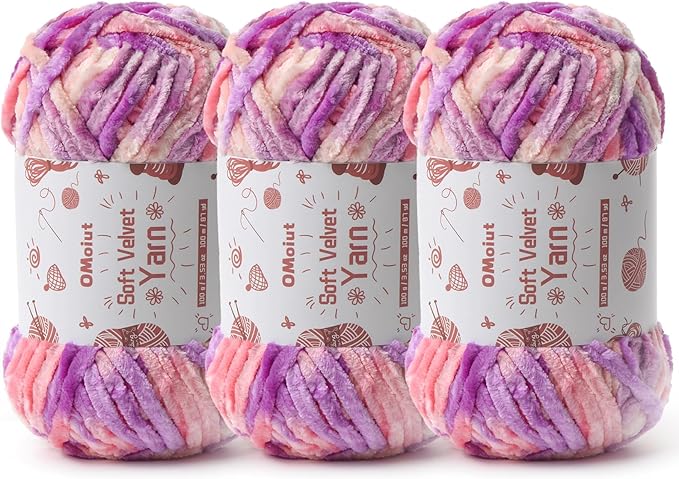 3x100g Fluffy Velvet Chenille Yarn for Crocheting and Knitting, 3x87.4yd Baby Yarn for Crocheting Soft, Crochet Chunky Yarn Amigurumi Yarns (Pinkish Purple)