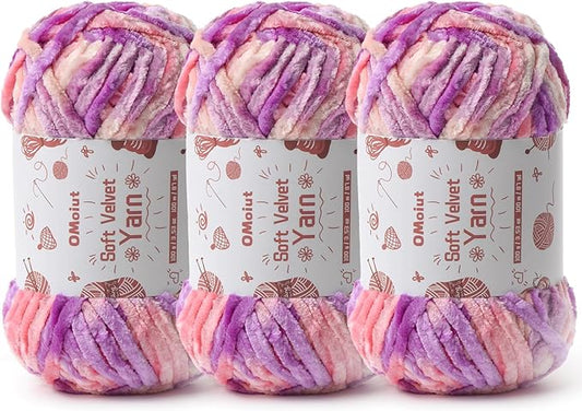 3x100g Fluffy Velvet Chenille Yarn for Crocheting and Knitting, 3x87.4yd Baby Yarn for Crocheting Soft, Crochet Chunky Yarn Amigurumi Yarns (Pinkish Purple)
