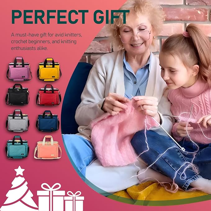 Hoshin Knitting Bag for Yarn Storage, High Capacity Yarn Totes Organizer with Inner Divider Portable for Carrying Project, Knitting Needles(up to 14”), Crochet Hooks, Skeins of Yarn (Pink)