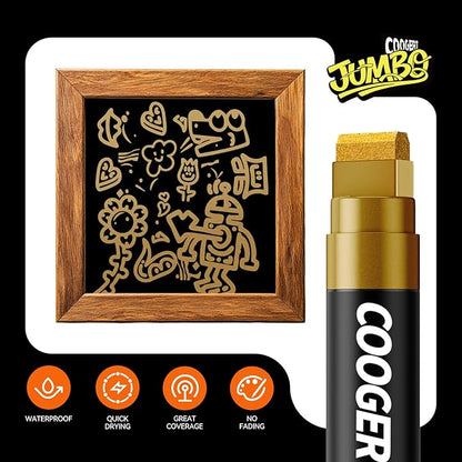 Coogert 3Pcs Gold Jumbo Poster Markers, 15MM Thick Permanent Acrylic Graffiti Markers, Wide Tip Paint Marker for Canvas, Posters Board, Fabric, Window, Glass, Wood, Teachers,Banner painting supplies