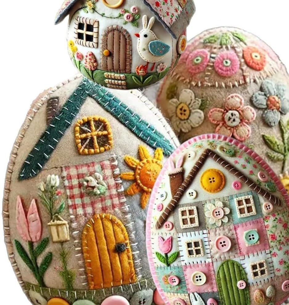 Pootelifys Patchwork Felt Egg House DIY Kit, Hand-Embroidered Felt Easter Egg Kit (with Material Pack),Home Easter Party Decoration Supplies (A) - Image 3