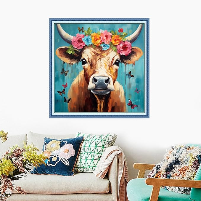 Foxdiviy Stamped Cross Stitch Kits Full Range of Embroidery Needlework Starter Kits for Beginners Adults 11CT Embroidery Patterns Art Crafts DIY Needlepoint Kits-Rainbow Cattle 18x18 inch