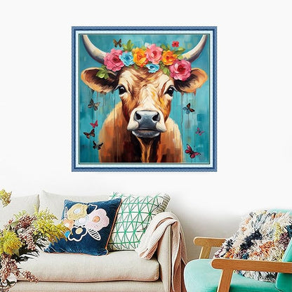 Foxdiviy Stamped Cross Stitch Kits Full Range of Embroidery Needlework Starter Kits for Beginners Adults 11CT Embroidery Patterns Art Crafts DIY Needlepoint Kits-Rainbow Cattle 18x18 inch