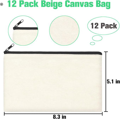 ZeeDix Canvas Pouch- Multi-purpose Cosmetic Bag with Zipper, DIY Craft Canvas Zipper Pouch Blank Makeup Bags Bulk Travel Toiletry Bag for Storage (8.3 x 5 inches)