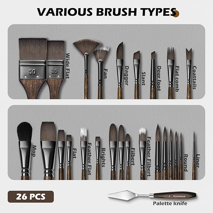 Fuumuui 26pcs Professional Paint Brush Set - High-Grade Series Synthetic Nylon Paint Brushes for Landscape, Acrylic, Oil, Watercolor, Gouache - Multi-Functional Universal Free Style for Art Supplies