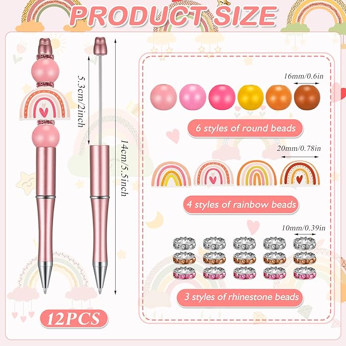 Geyee 12 Set Plastic Beadable Pens Assorted Bead Pens Crystal Wood Round Spacer Set Black Ink DIY Ballpoint for Women Men Gift Office Supplies(Rainbow)