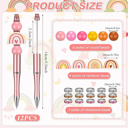 Geyee 12 Set Plastic Beadable Pens Assorted Bead Pens Crystal Wood Round Spacer Set Black Ink DIY Ballpoint for Women Men Gift Office Supplies(Rainbow)