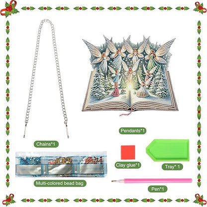 5D Christmas Diamond Painting Pendant Kit, Magic Book with Flying Elf and Snowy Forest, DIY Crystal Diamond Art Hanging Sign for Window, Door & Wall, Fantasy Home Decoration Gift, 24.1 x 20.4 cm