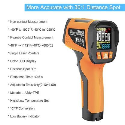Infrared Thermometer High Temperature Gun with K-Probe,-40℉~1922℉, 30:1 Digital Laser IR Temp Gun with Color LCD for Cooking, Pizza Oven, Engine, Kilns, Industry, Home Repair, Adjustable Emissivity