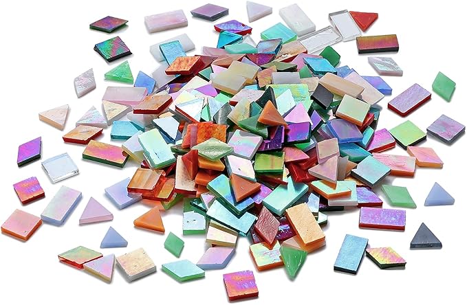 Lanyani Iridescent Glass Mosaic Tiles Bulk, 4-Shapes 700 Pieces Sparkle Iridized Stained Glass Tile for Mosaic Crafts