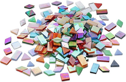 Lanyani Iridescent Glass Mosaic Tiles Bulk, 4-Shapes 700 Pieces Sparkle Iridized Stained Glass Tile for Mosaic Crafts